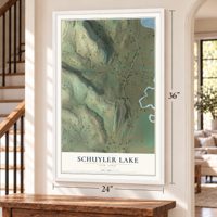 Schuyler Lake, New York map, 24 x 36 inch print in a white frame by a staircase