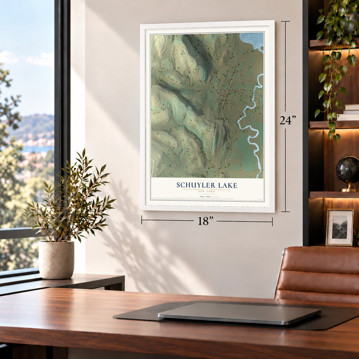 Schuyler Lake, New York map, 18 x 24 inch print in a white frame in a home office