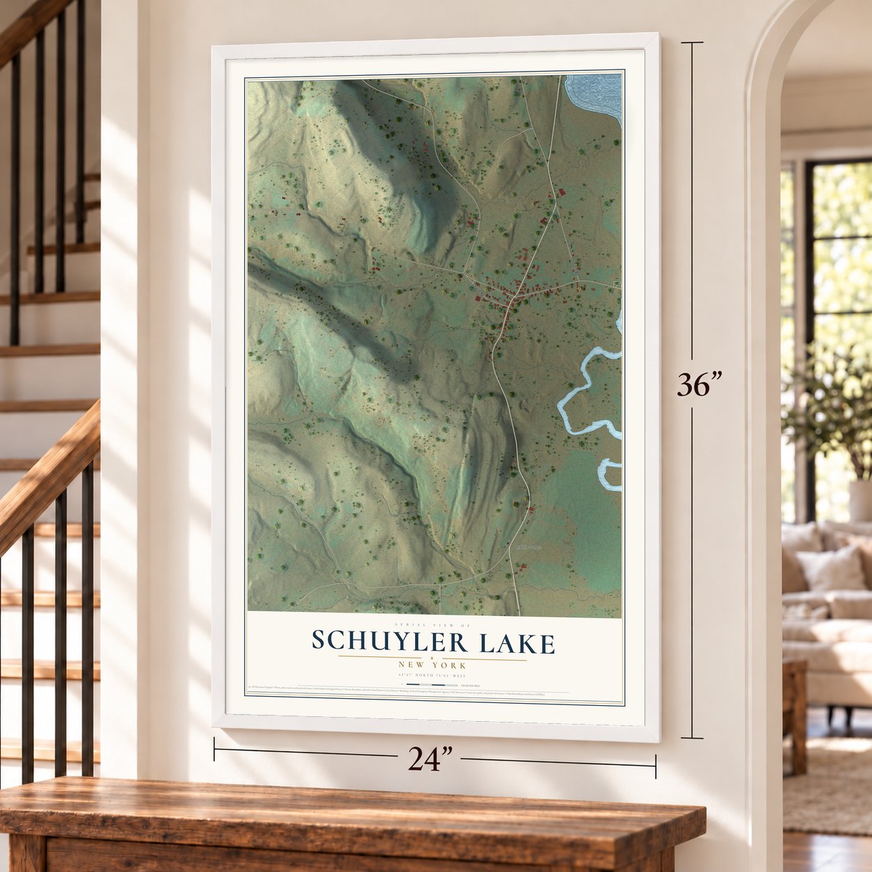 Schuyler Lake, New York map, 24 x 36 inch print in a white frame by a staircase