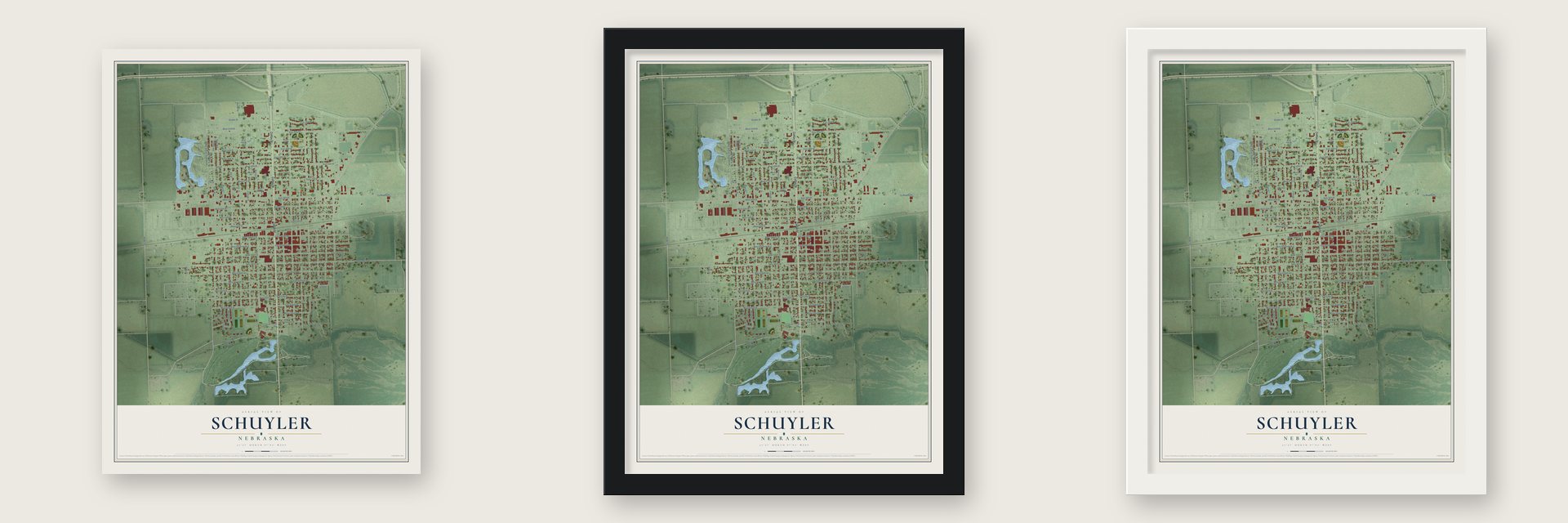 Schuyler, Nebraska map unframed, in a black wood frame and in a white wood frame