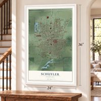 Schuyler, Nebraska map, 24 x 36 inch print in a white frame by a staircase