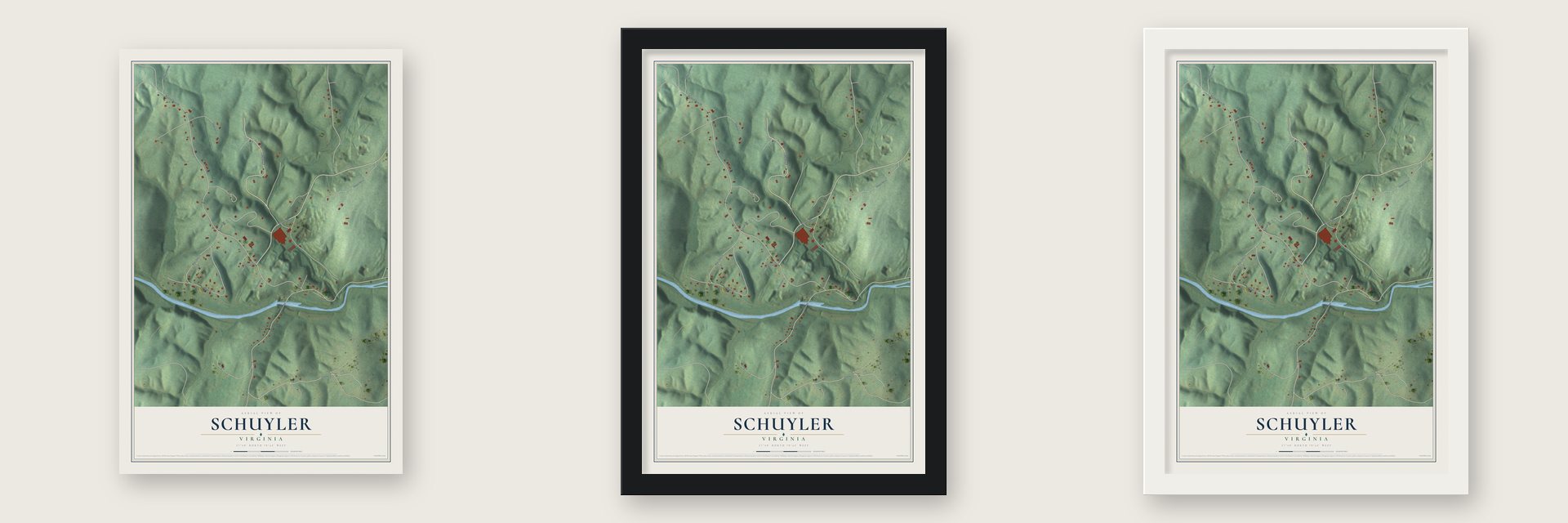 Schuyler, Virginia map unframed, in a black wood frame and in a white wood frame
