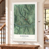 Schuyler, Virginia map, 24 x 36 inch print in a white frame by a staircase