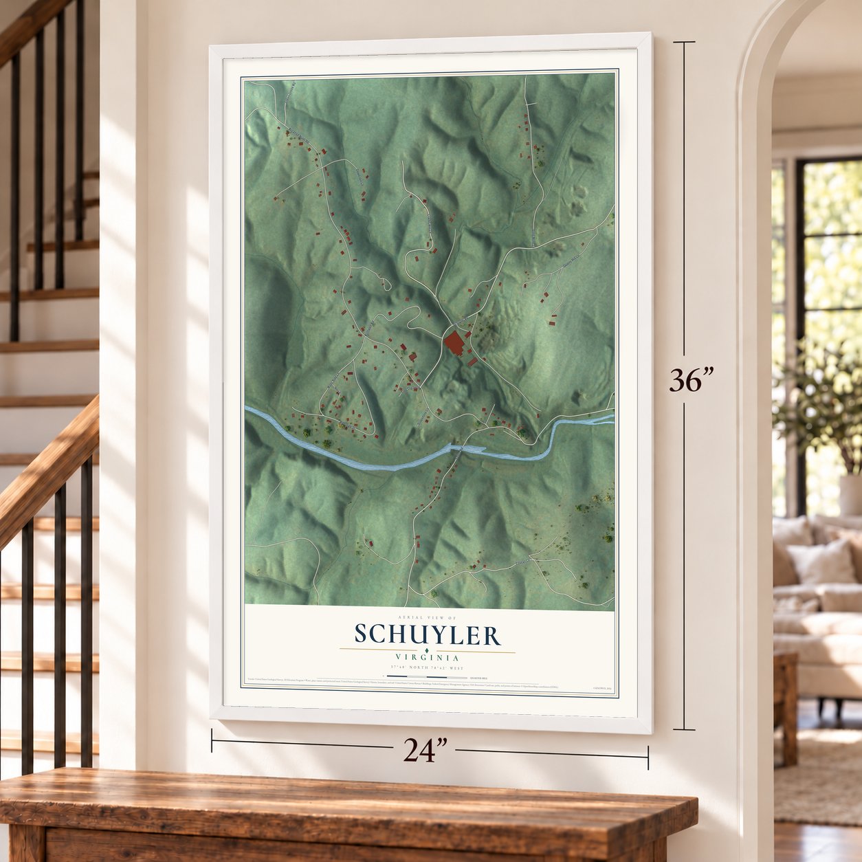 Schuyler, Virginia map, 24 x 36 inch print in a white frame by a staircase