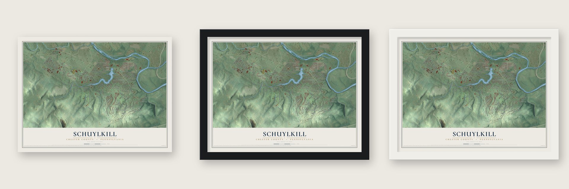Schuylkill, Chester County, Pennsylvania map unframed, in a black wood frame and in a white wood frame