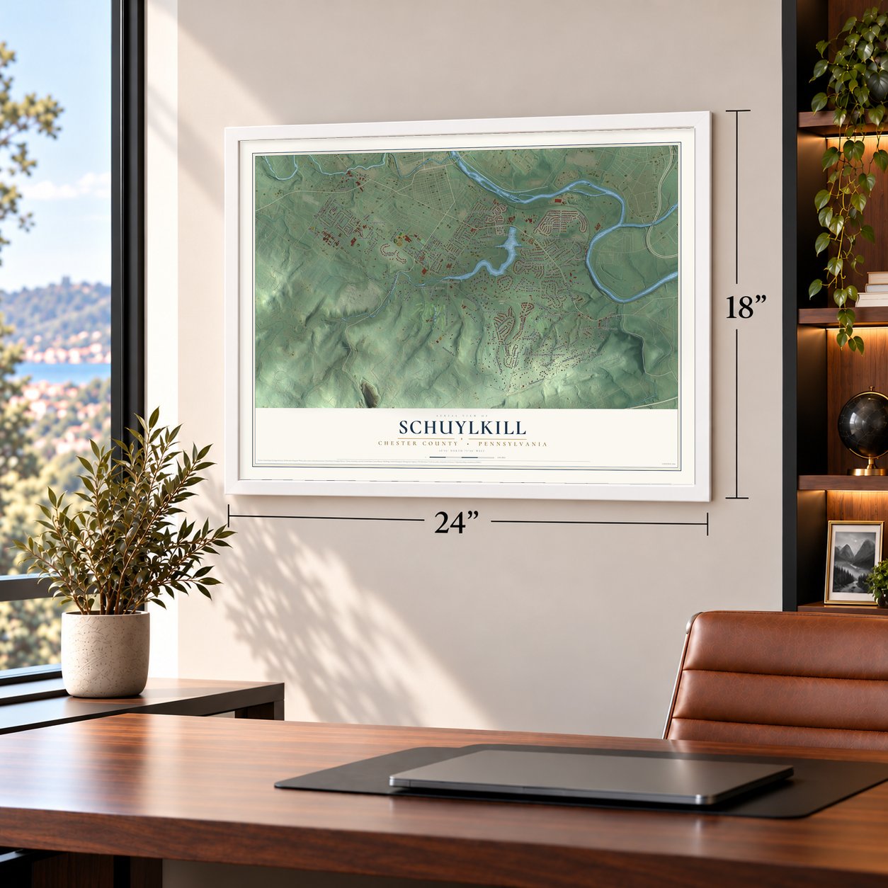 Schuylkill, Chester County, Pennsylvania map, 18 x 24 inch print in a white frame in a home office
