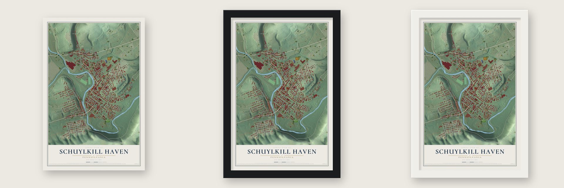 Schuylkill Haven, Pennsylvania map unframed, in a black wood frame and in a white wood frame