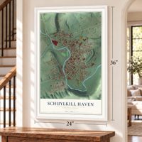 Schuylkill Haven, Pennsylvania map, 24 x 36 inch print in a white frame by a staircase