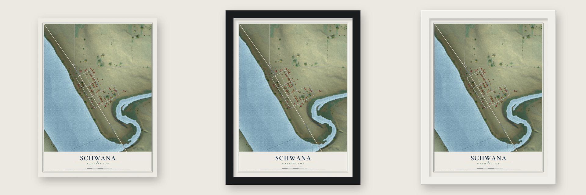 Schwana, Washington map unframed, in a black wood frame and in a white wood frame