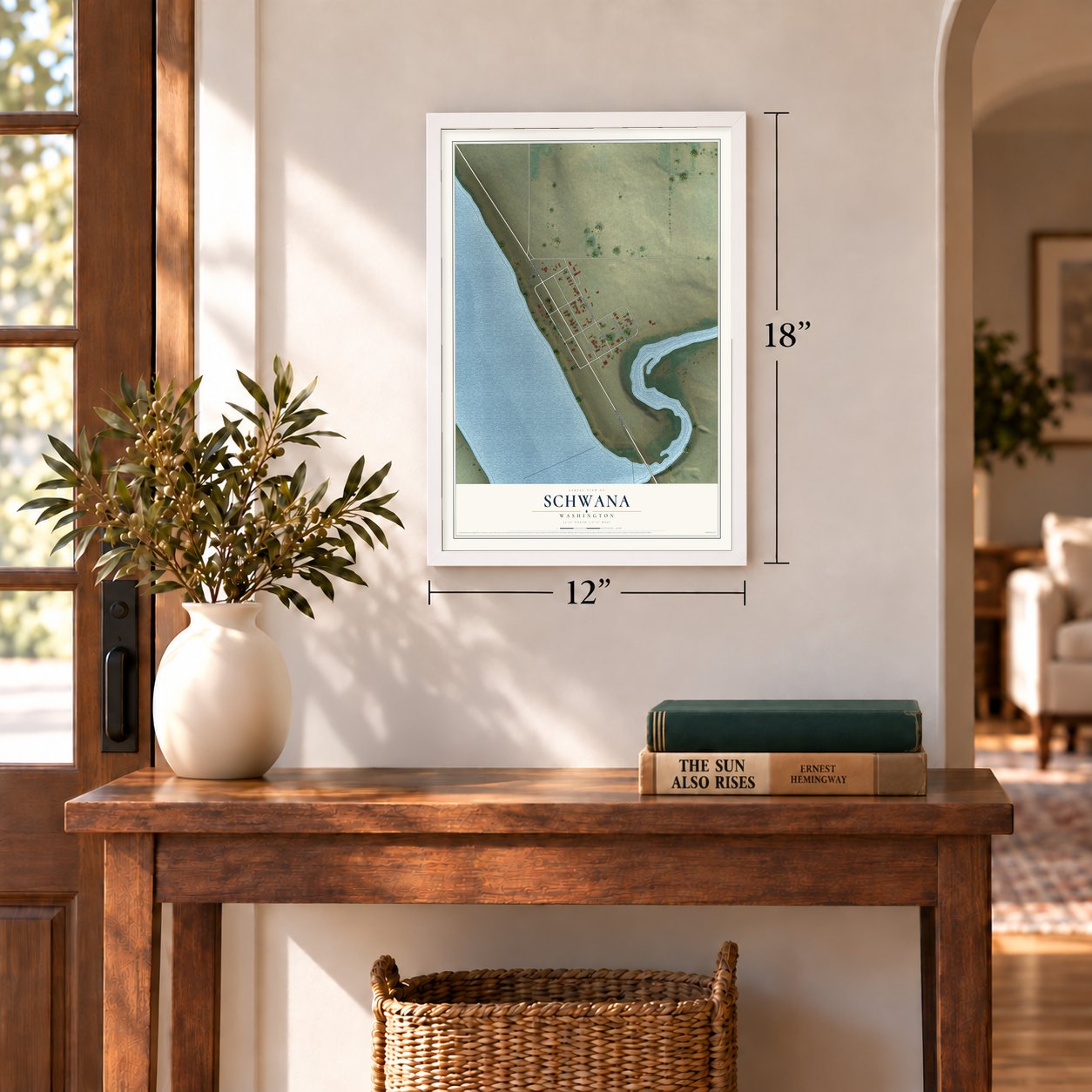 Schwana, Washington map, 12 x 18 inch print in a white frame in an entryway