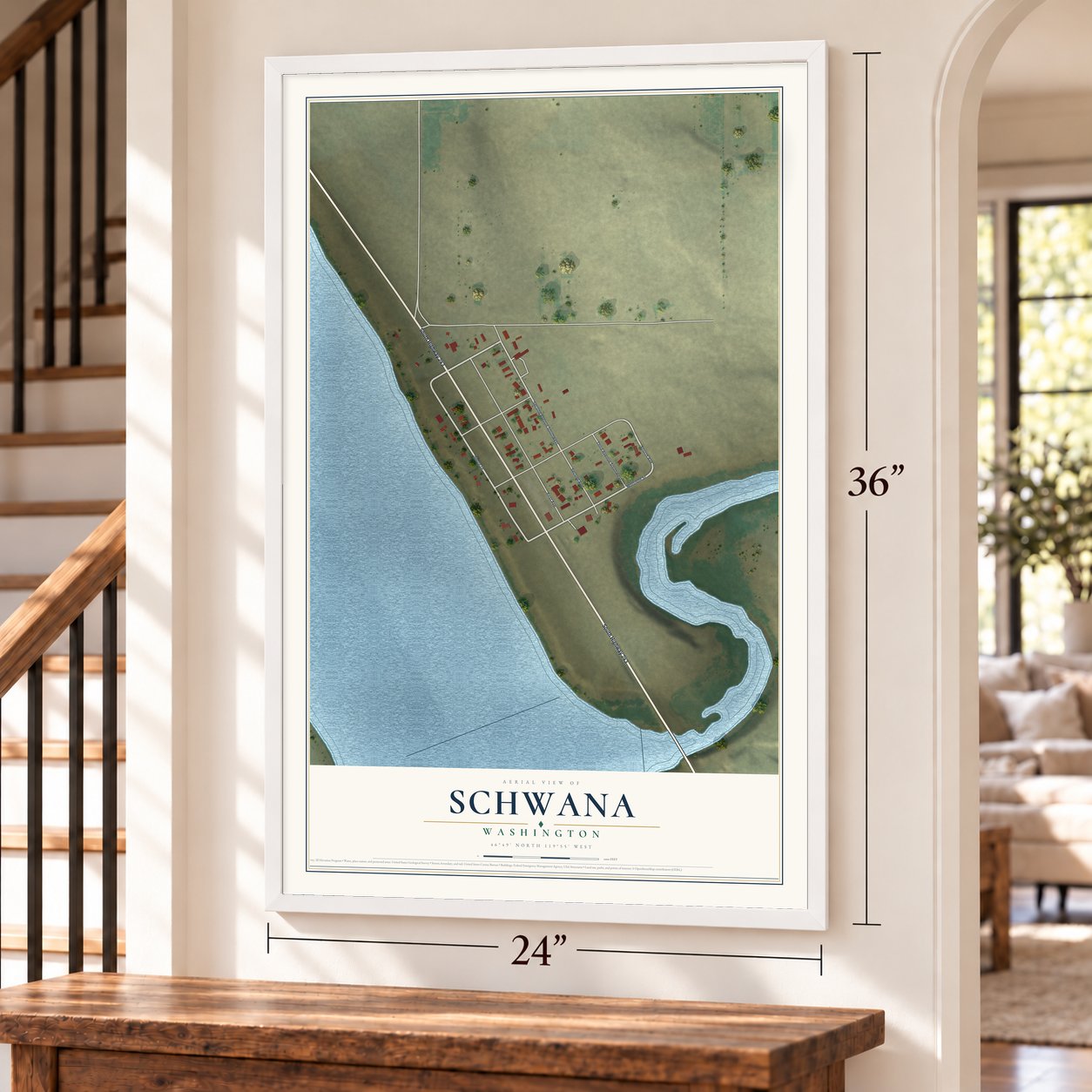 Schwana, Washington map, 24 x 36 inch print in a white frame by a staircase