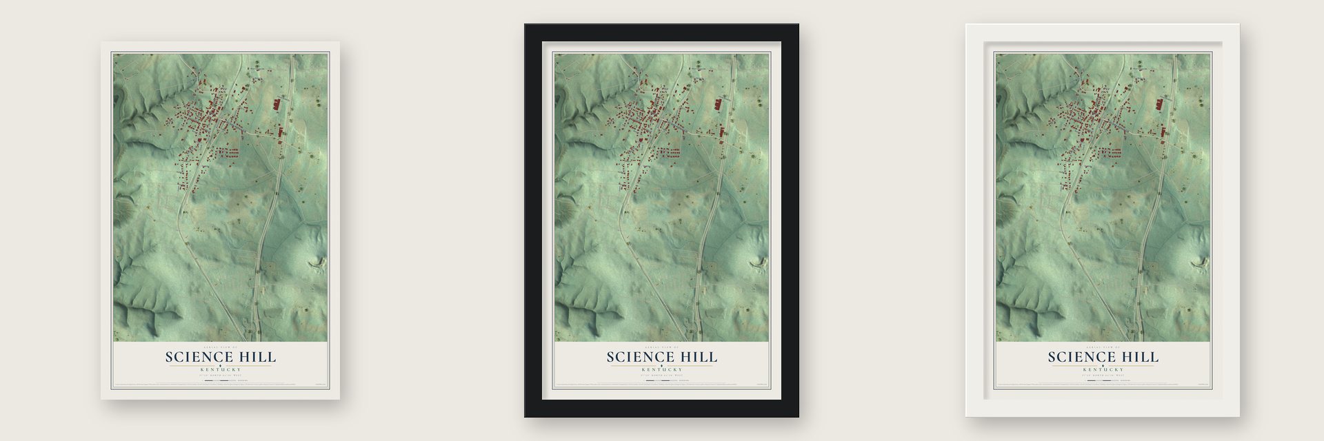 Science Hill, Kentucky map unframed, in a black wood frame and in a white wood frame