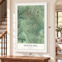 Science Hill, Kentucky map, 24 x 36 inch print in a white frame by a staircase
