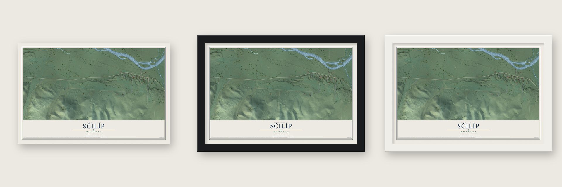 Sčilíp, Montana map unframed, in a black wood frame and in a white wood frame