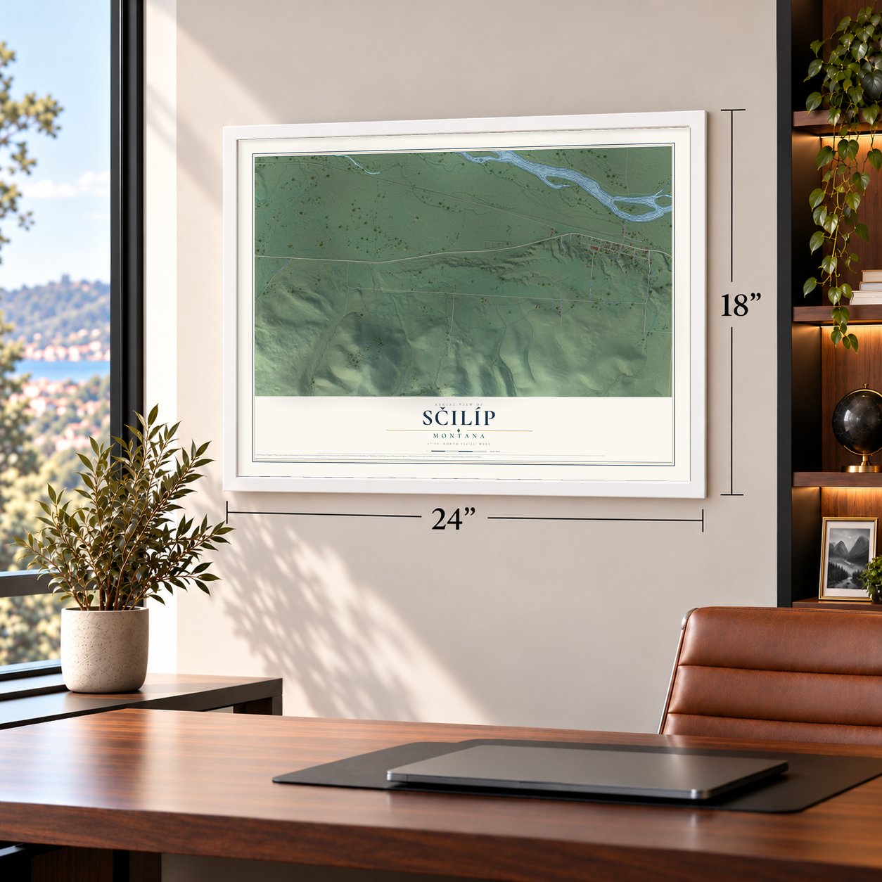 Sčilíp, Montana map, 18 x 24 inch print in a white frame in a home office