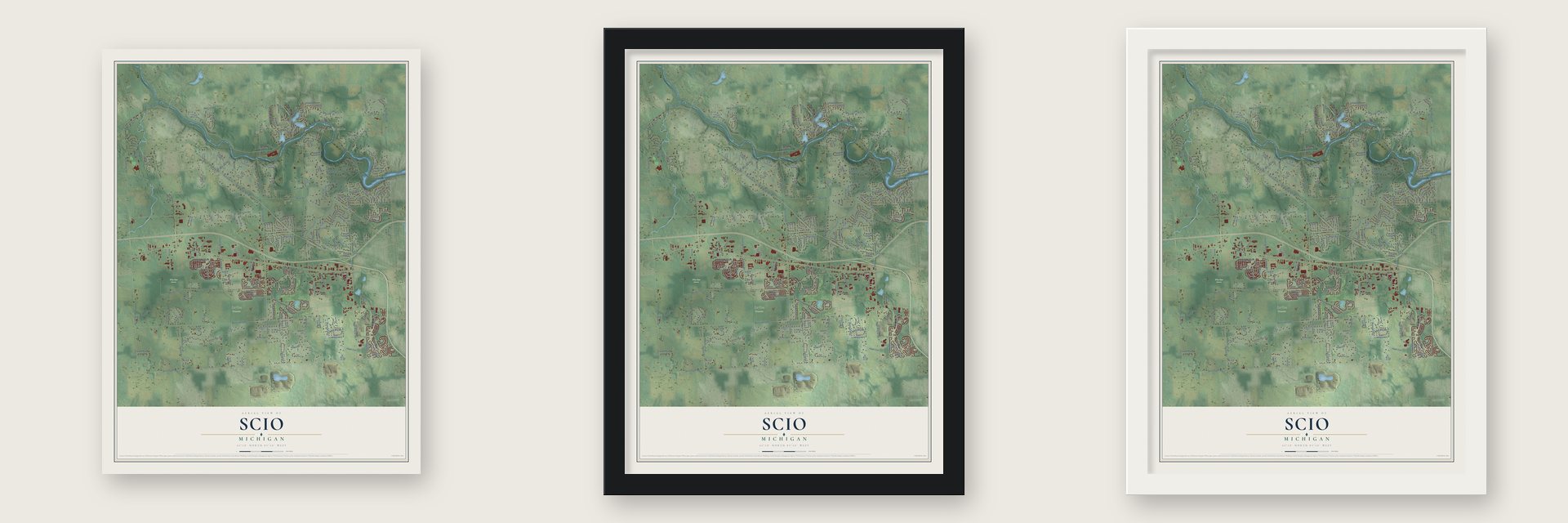 Scio, Michigan map unframed, in a black wood frame and in a white wood frame