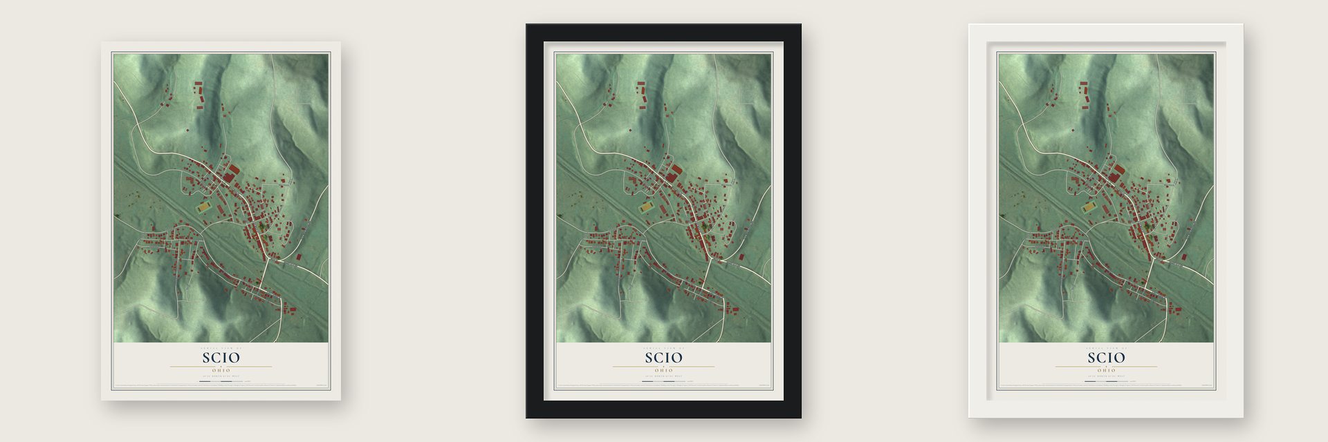 Scio, Ohio map unframed, in a black wood frame and in a white wood frame