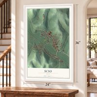 Scio, Ohio map, 24 x 36 inch print in a white frame by a staircase
