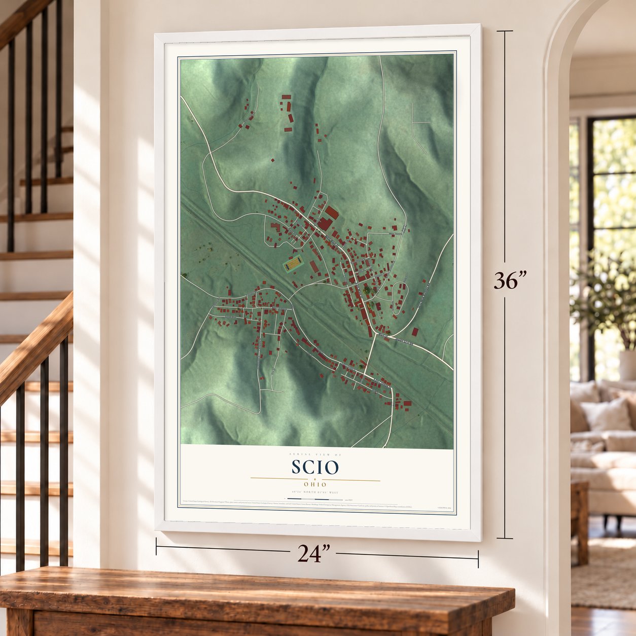 Scio, Ohio map, 24 x 36 inch print in a white frame by a staircase