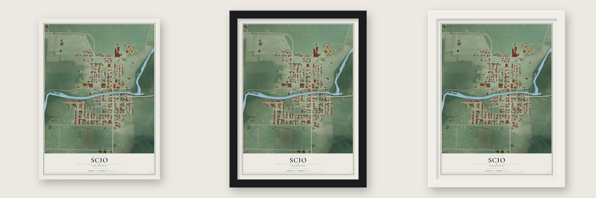 Scio, Oregon map unframed, in a black wood frame and in a white wood frame