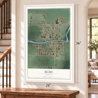 Scio, Oregon map, 24 x 36 inch print in a white frame by a staircase