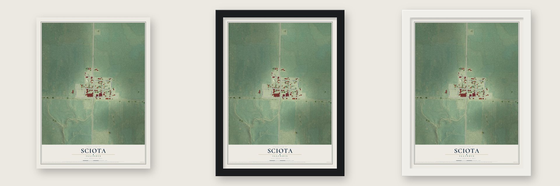 Sciota, Illinois map unframed, in a black wood frame and in a white wood frame