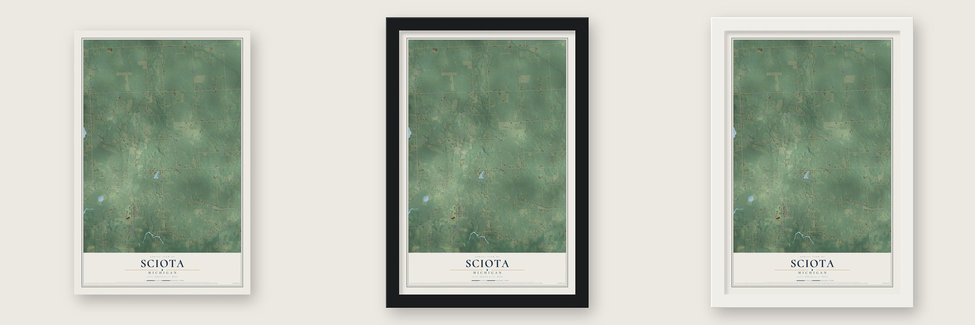 Sciota, Michigan map unframed, in a black wood frame and in a white wood frame