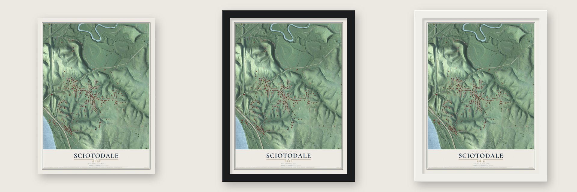 Sciotodale, Ohio map unframed, in a black wood frame and in a white wood frame
