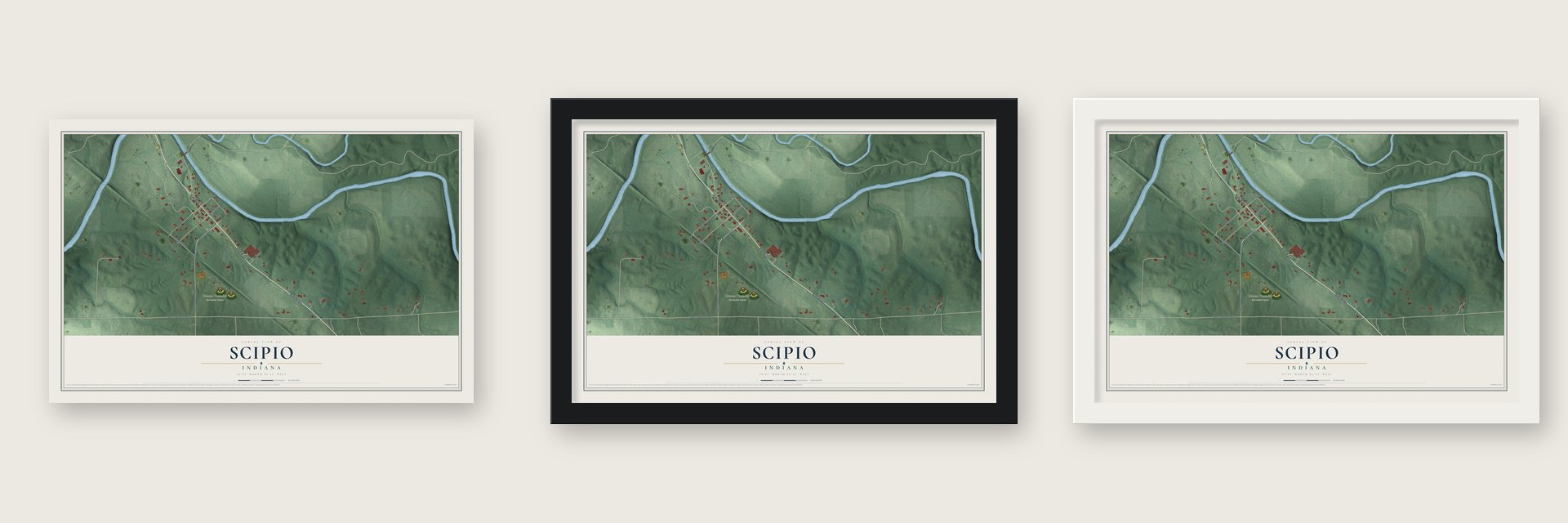 Scipio, Indiana map unframed, in a black wood frame and in a white wood frame