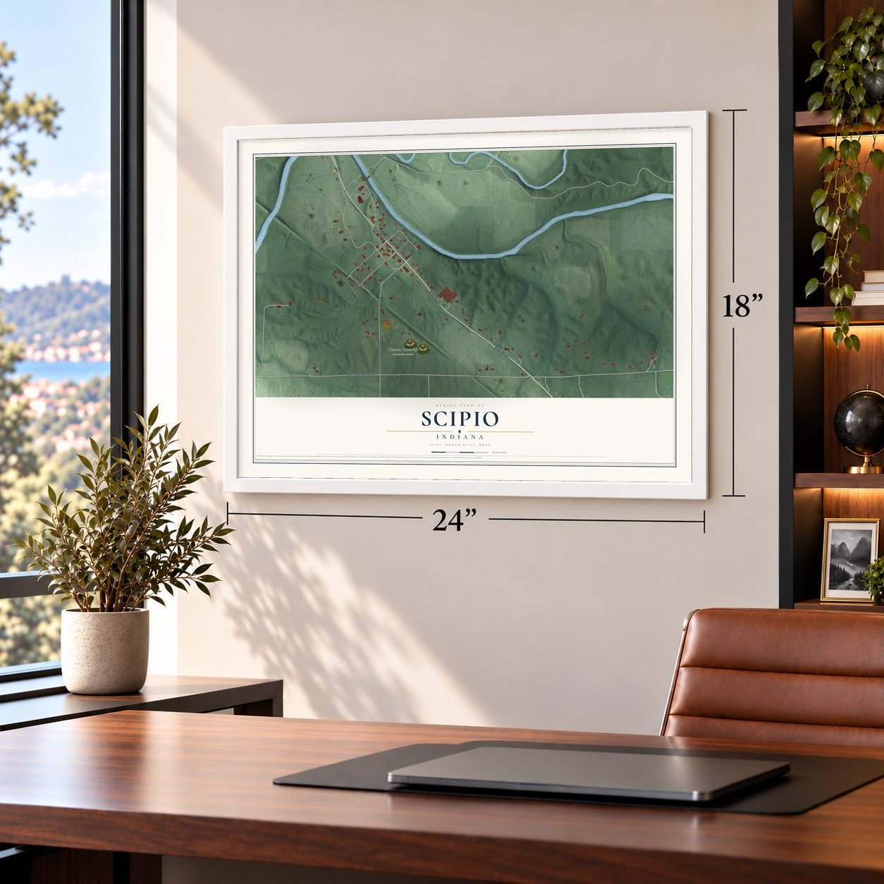 Scipio, Indiana map, 18 x 24 inch print in a white frame in a home office