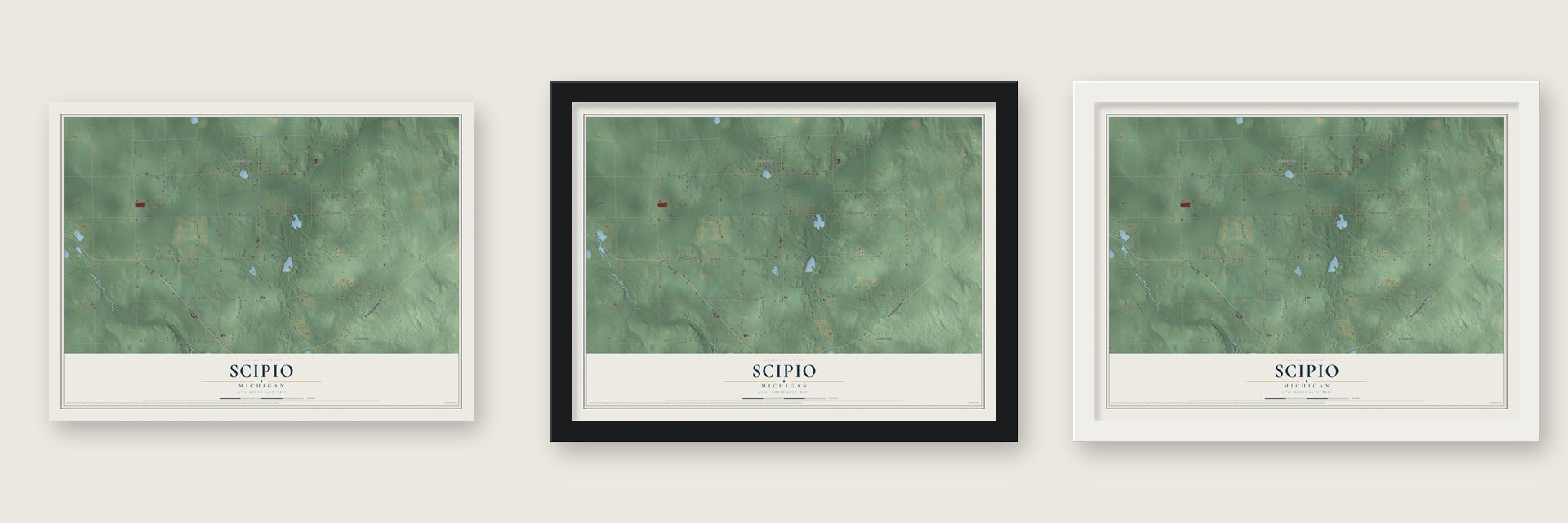 Scipio, Michigan map unframed, in a black wood frame and in a white wood frame