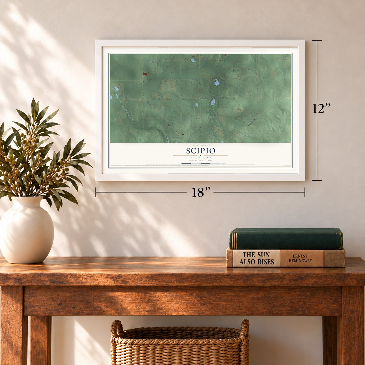 Scipio, Michigan map, 12 x 18 inch print in a white frame in an entryway