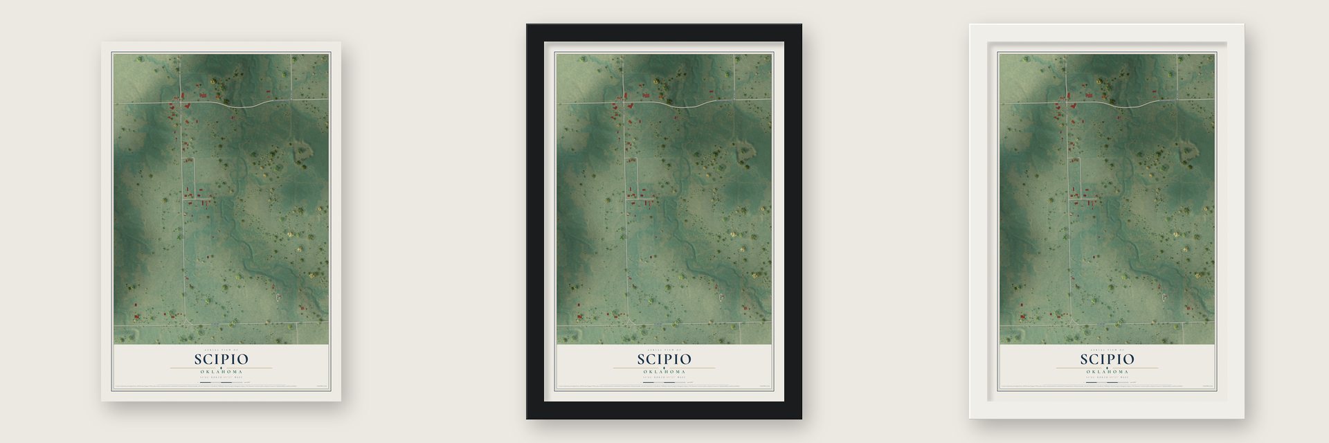Scipio, Oklahoma map unframed, in a black wood frame and in a white wood frame