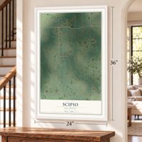 Scipio, Oklahoma map, 24 x 36 inch print in a white frame by a staircase