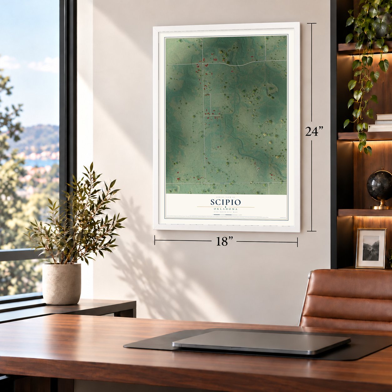 Scipio, Oklahoma map, 18 x 24 inch print in a white frame in a home office