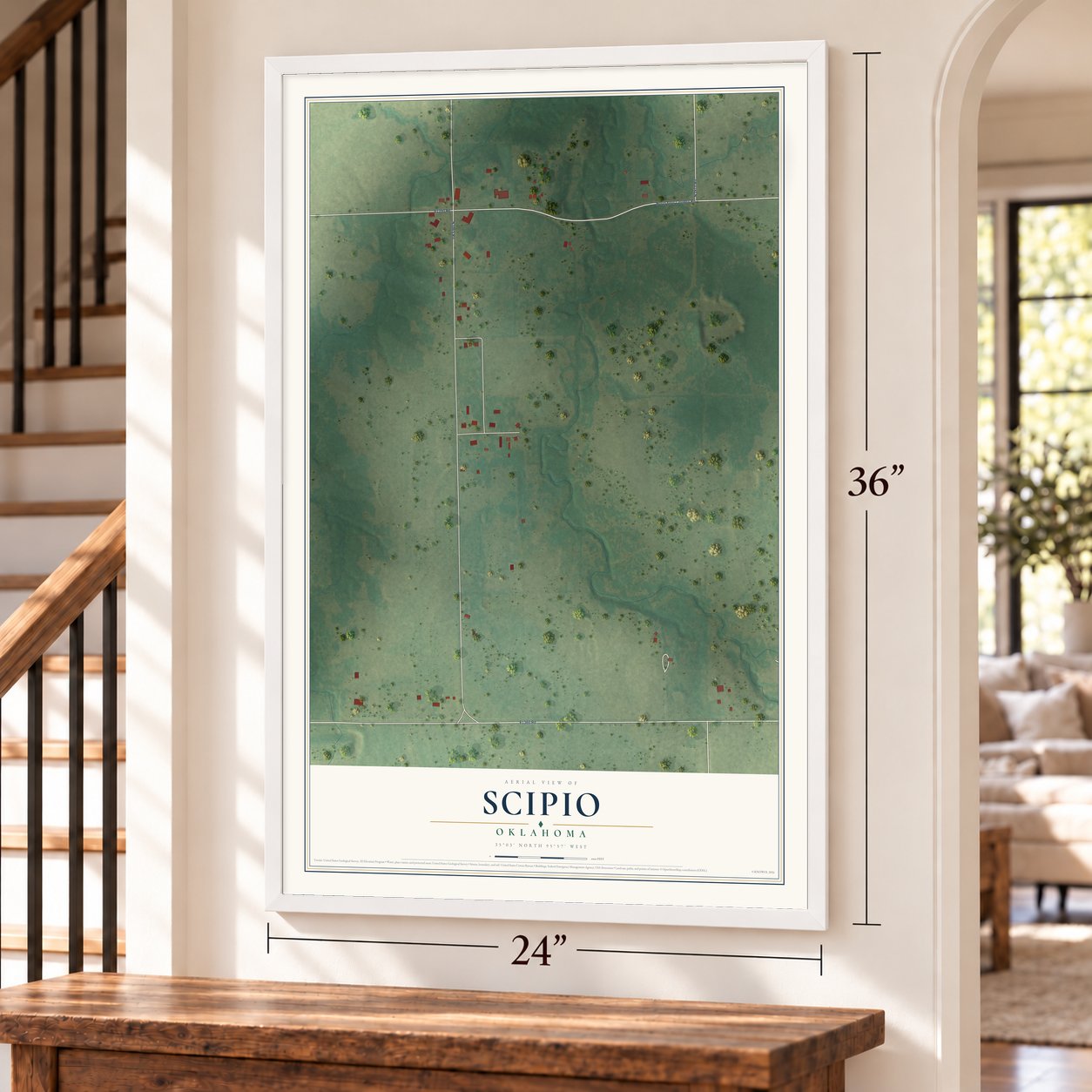 Scipio, Oklahoma map, 24 x 36 inch print in a white frame by a staircase