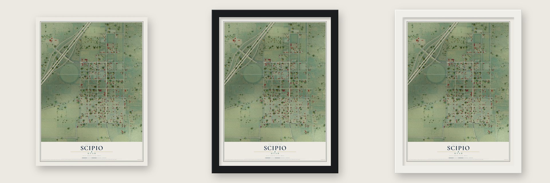 Scipio, Utah map unframed, in a black wood frame and in a white wood frame