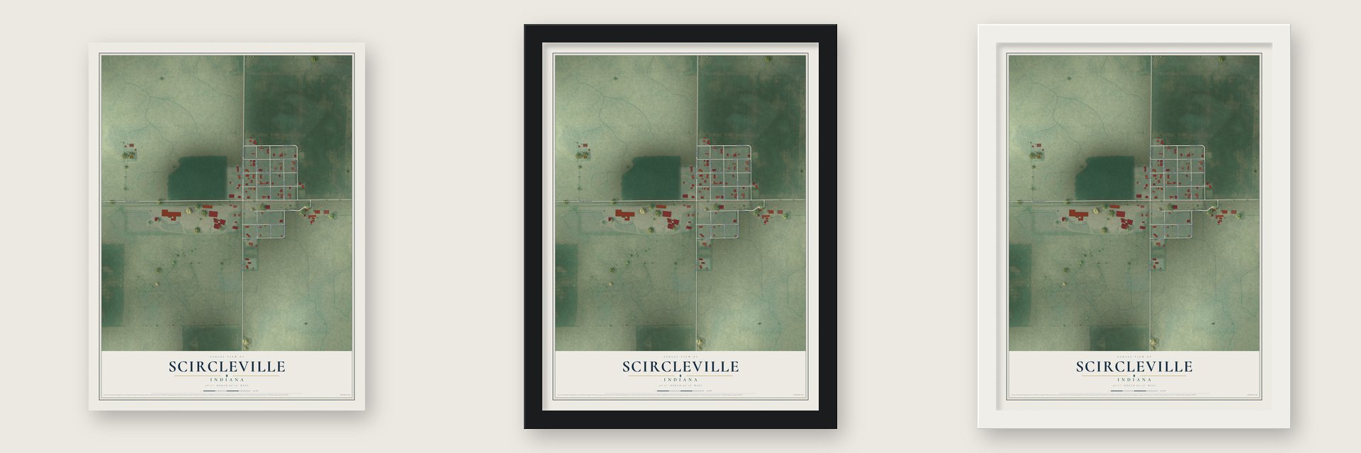 Scircleville, Indiana map unframed, in a black wood frame and in a white wood frame