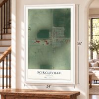 Scircleville, Indiana map, 24 x 36 inch print in a white frame by a staircase