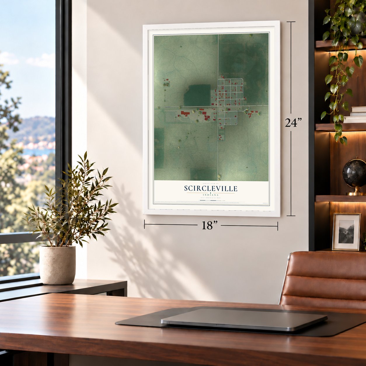 Scircleville, Indiana map, 18 x 24 inch print in a white frame in a home office