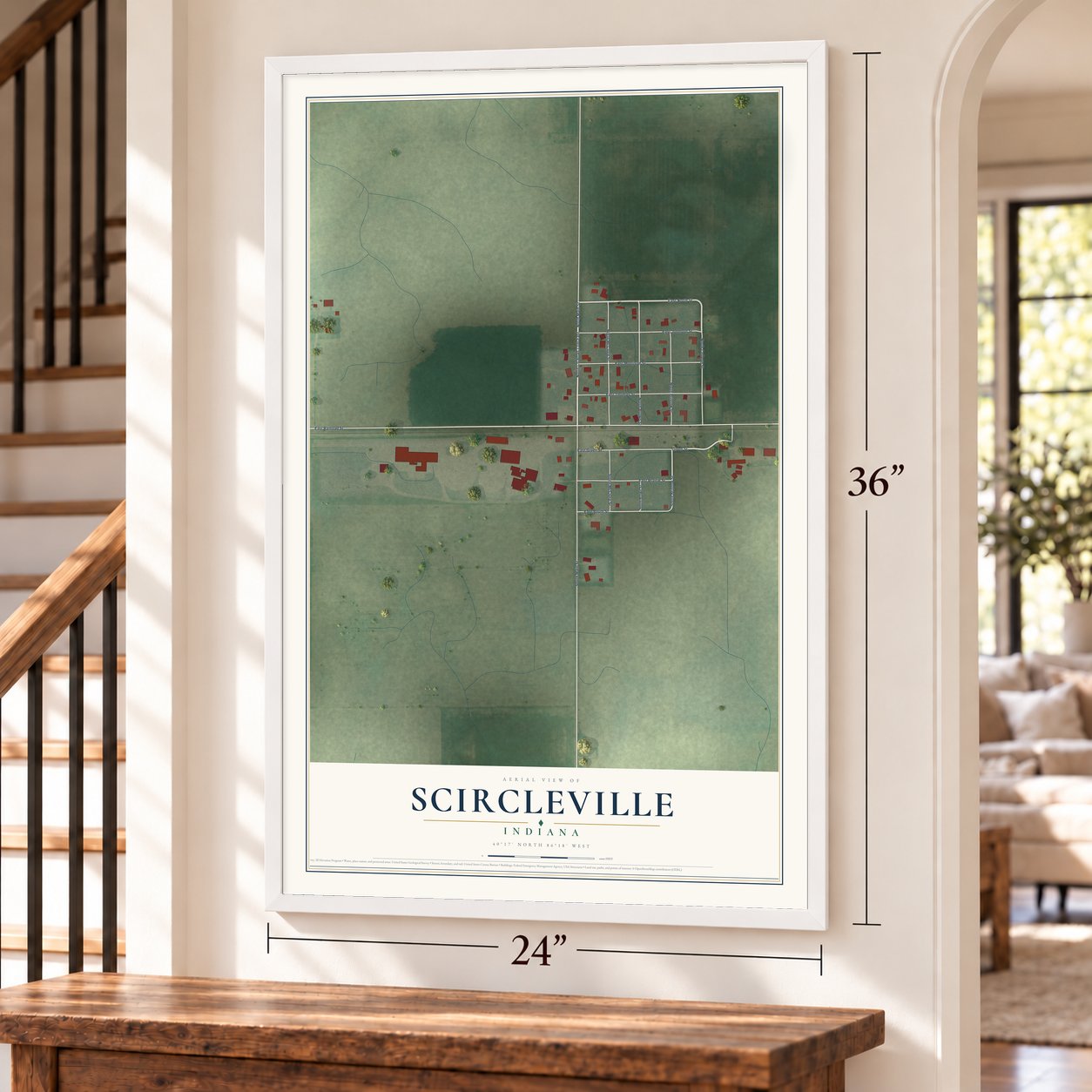 Scircleville, Indiana map, 24 x 36 inch print in a white frame by a staircase