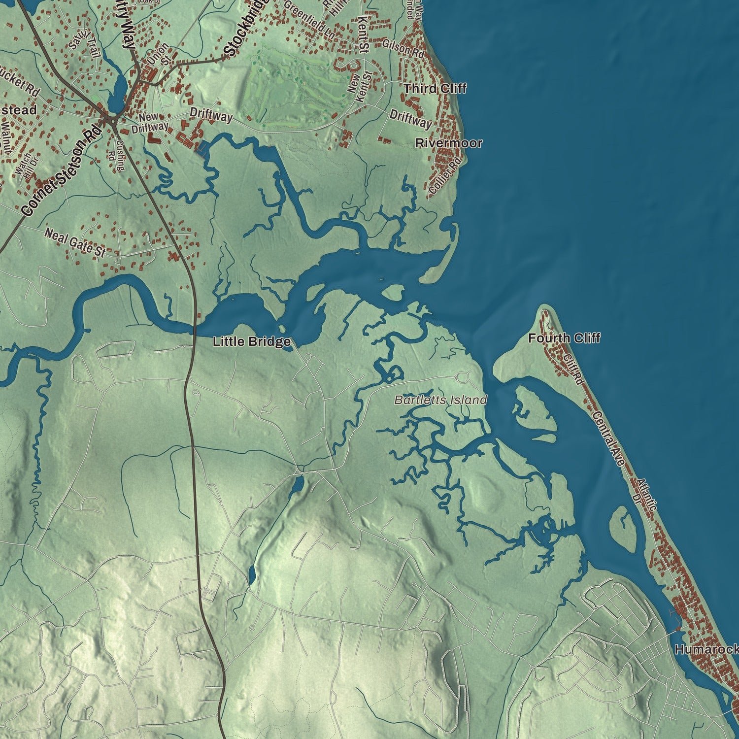 Close-up of the map of Scituate, Massachusetts print showing terrain and local geography