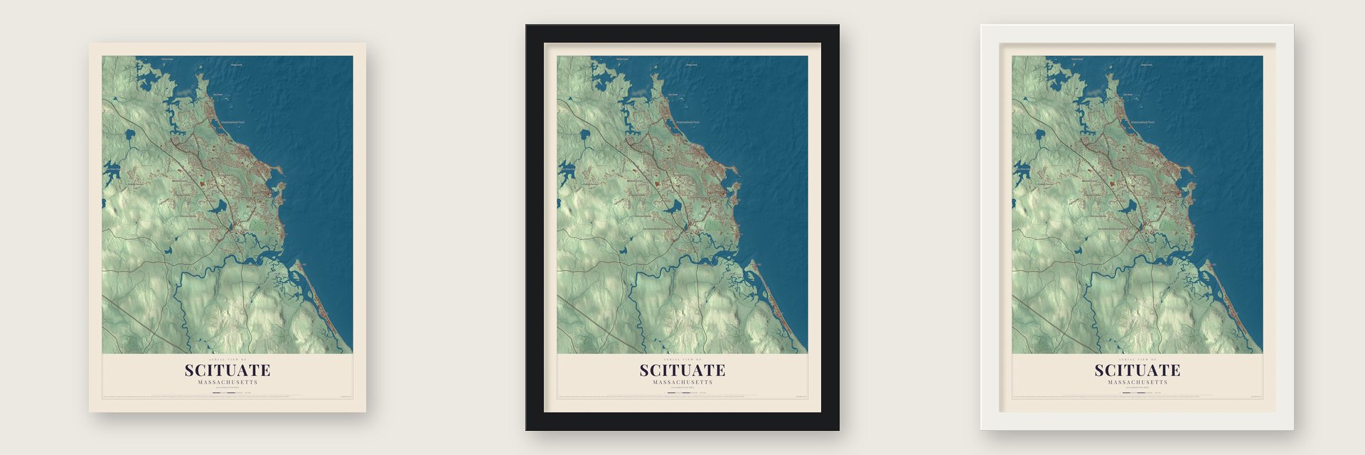 Scituate, Massachusetts map unframed, in a black wood frame and in a white wood frame