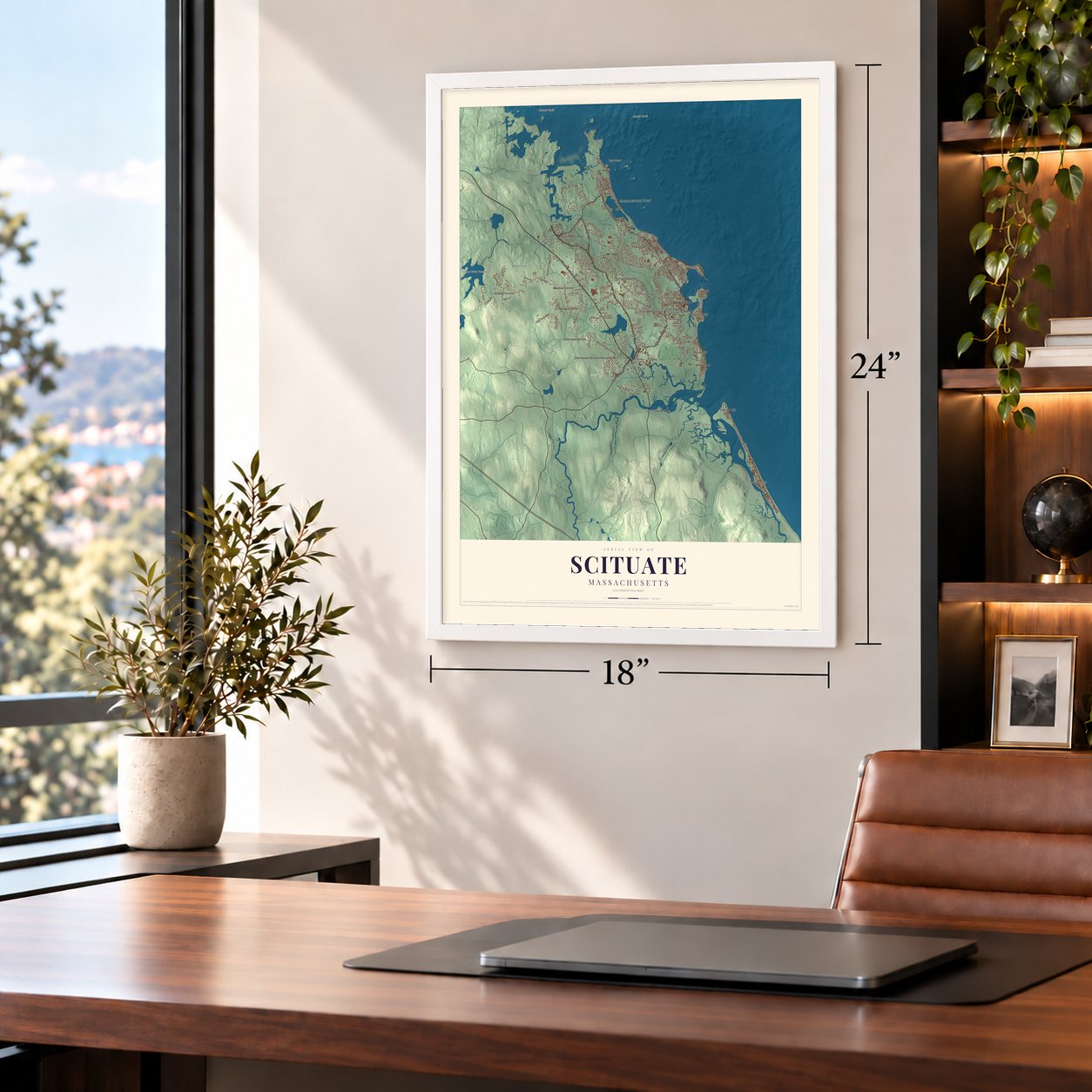 Scituate, Massachusetts map, 18 x 24 inch print in a white frame in a home office