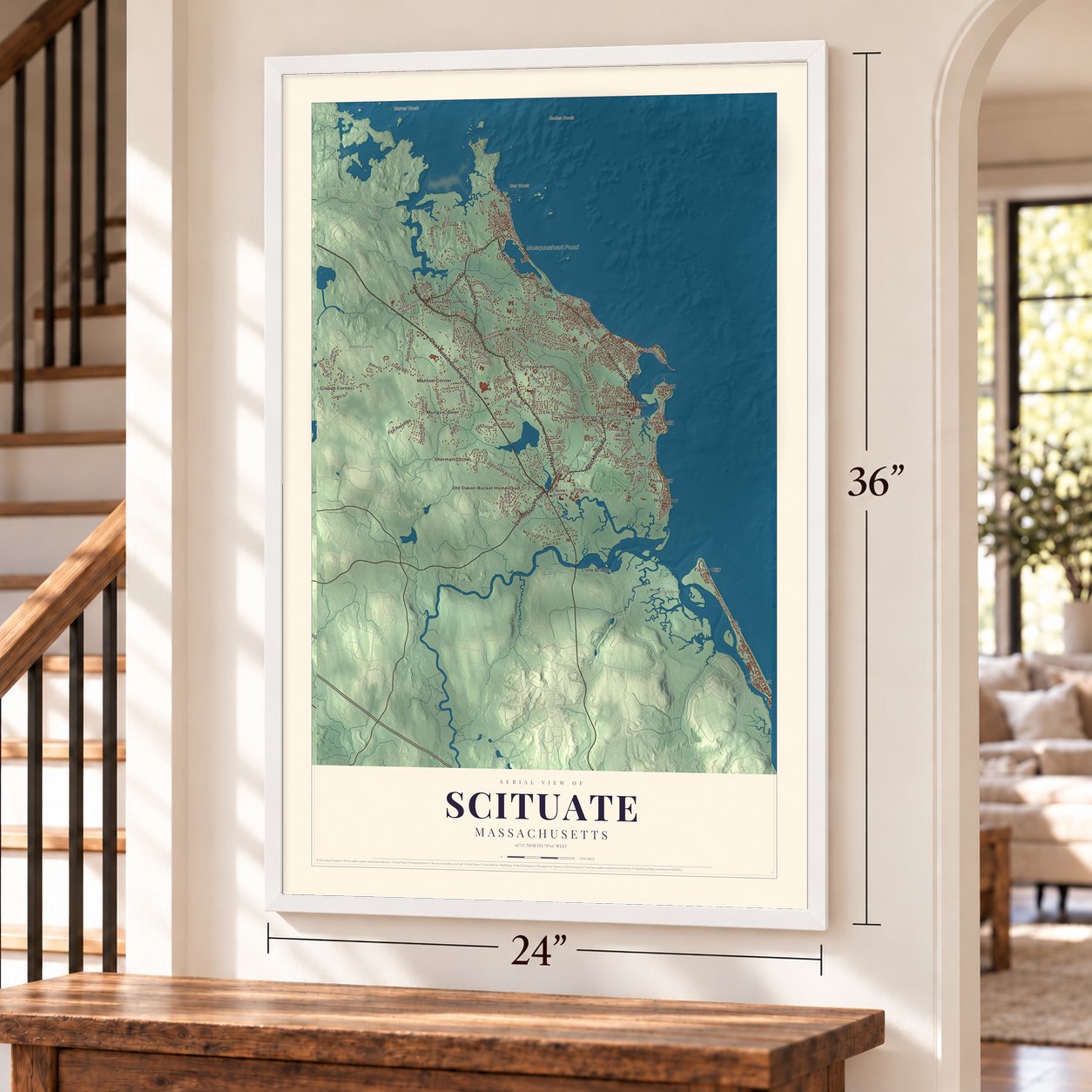 Scituate, Massachusetts map, 24 x 36 inch print in a white frame by a staircase