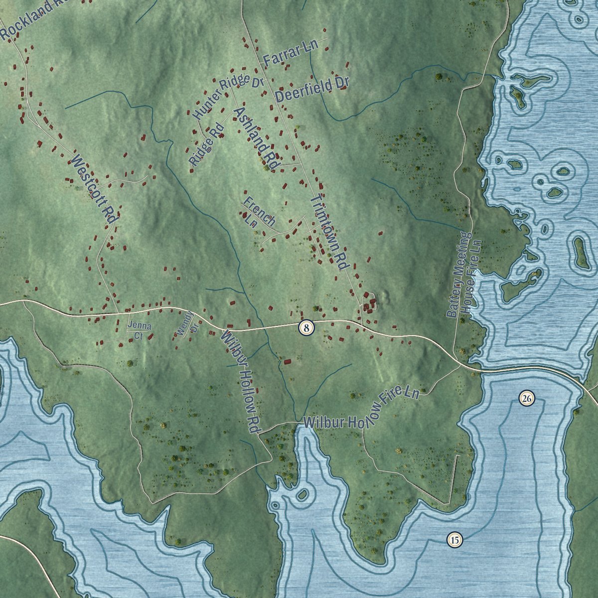 Second close-up of the map of Scituate, Rhode Island print showing more streets and buildings