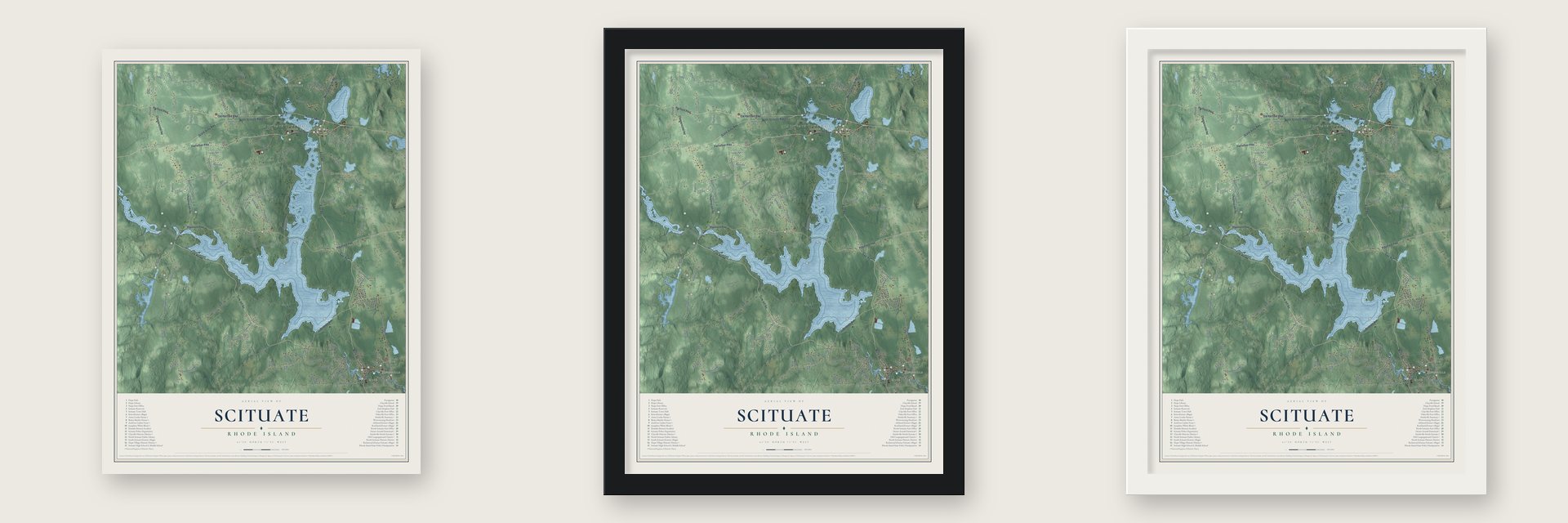 Scituate, Rhode Island map unframed, in a black wood frame and in a white wood frame