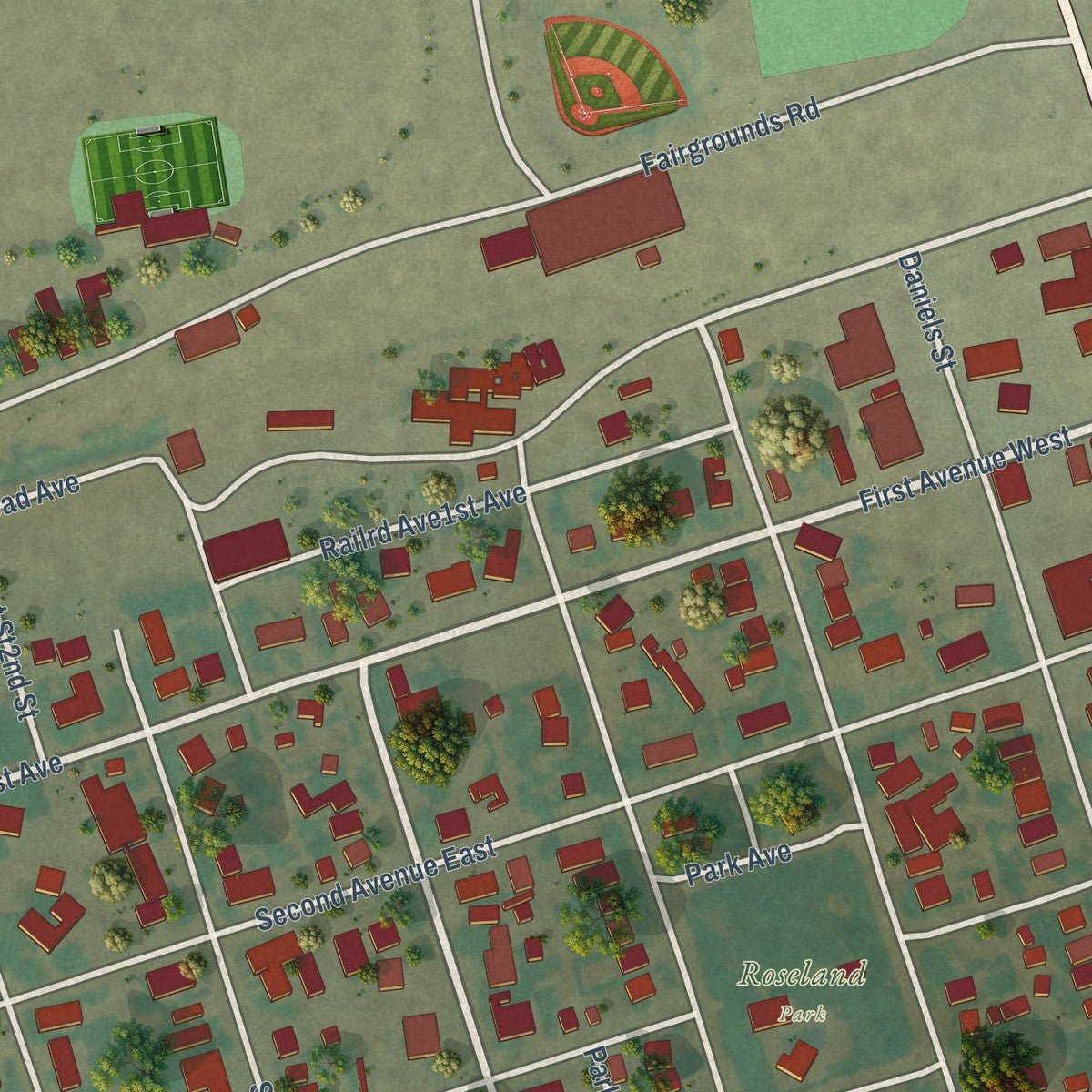 Second close-up of the map of Scobey, Montana print showing more streets and buildings