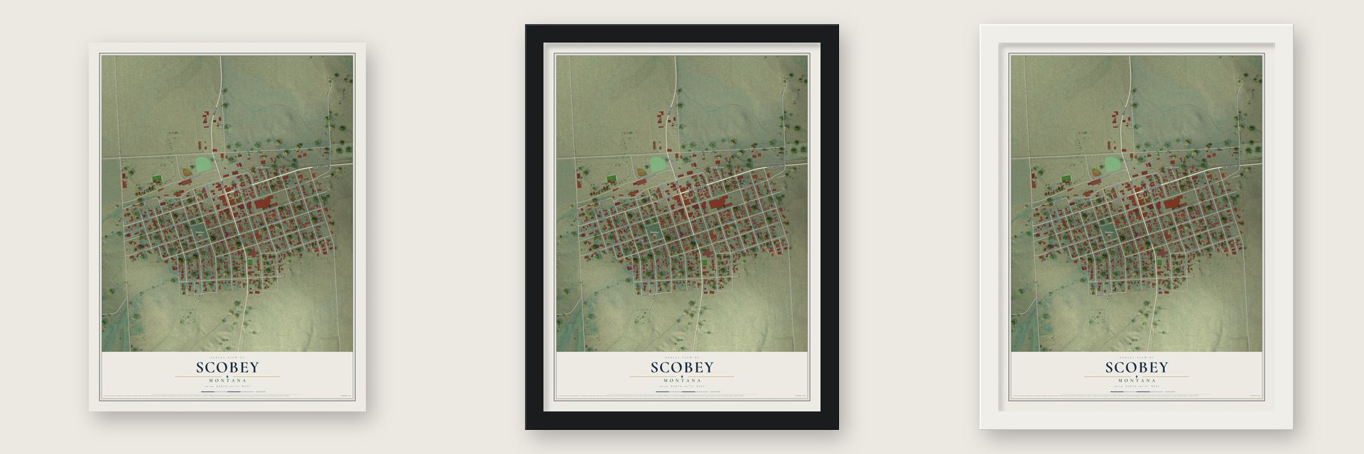 Scobey, Montana map unframed, in a black wood frame and in a white wood frame