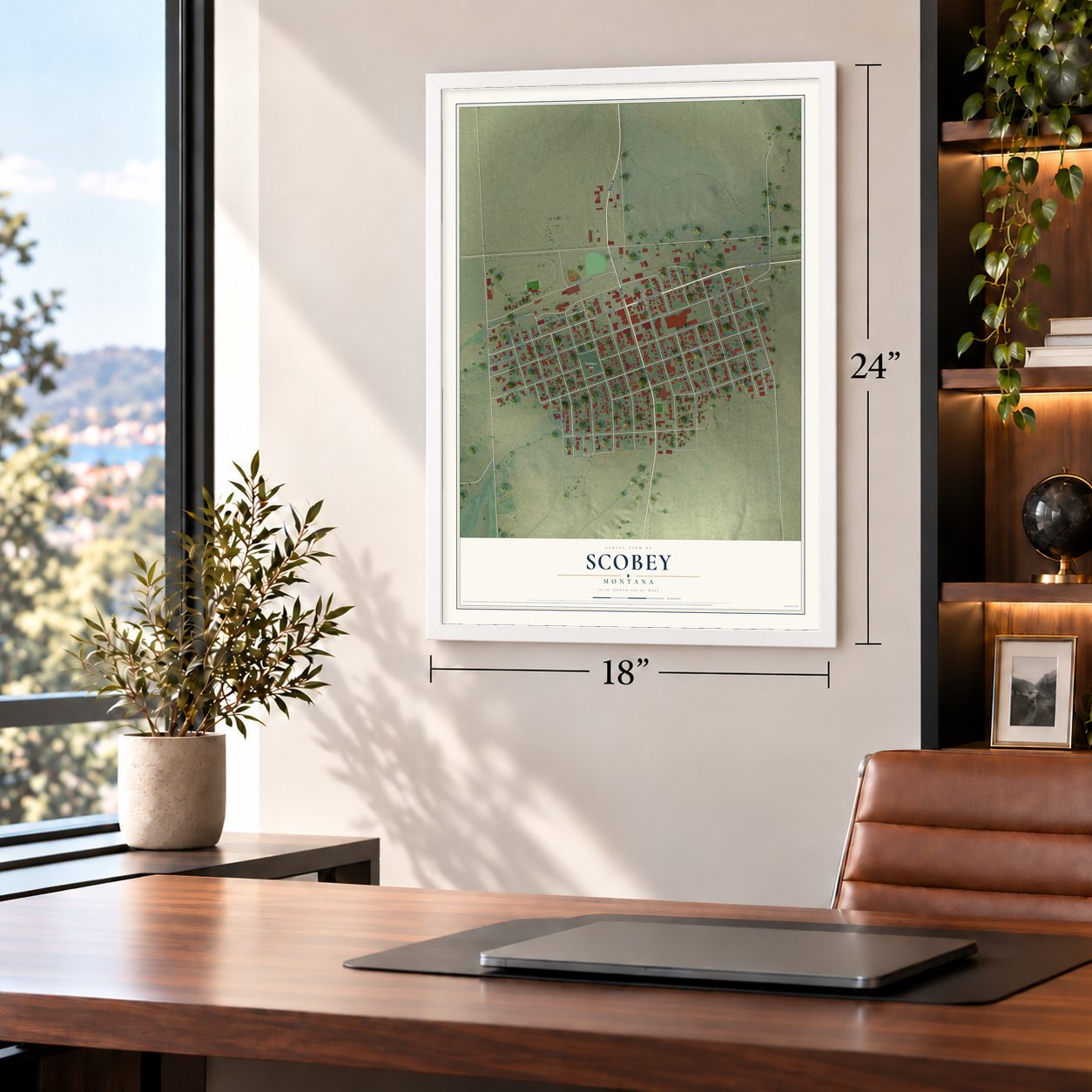 Scobey, Montana map, 18 x 24 inch print in a white frame in a home office